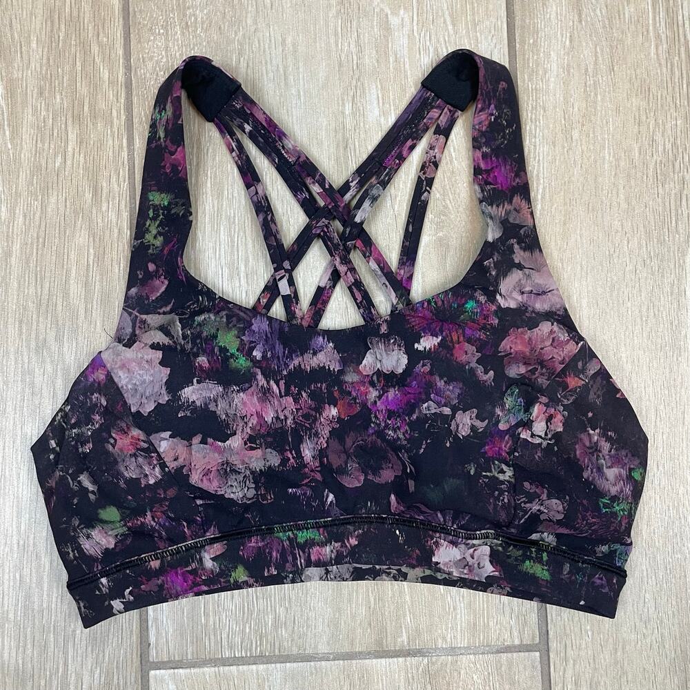 Lululemon Energy Bra Women 4 Floral Strappy Medium Support Purple Black